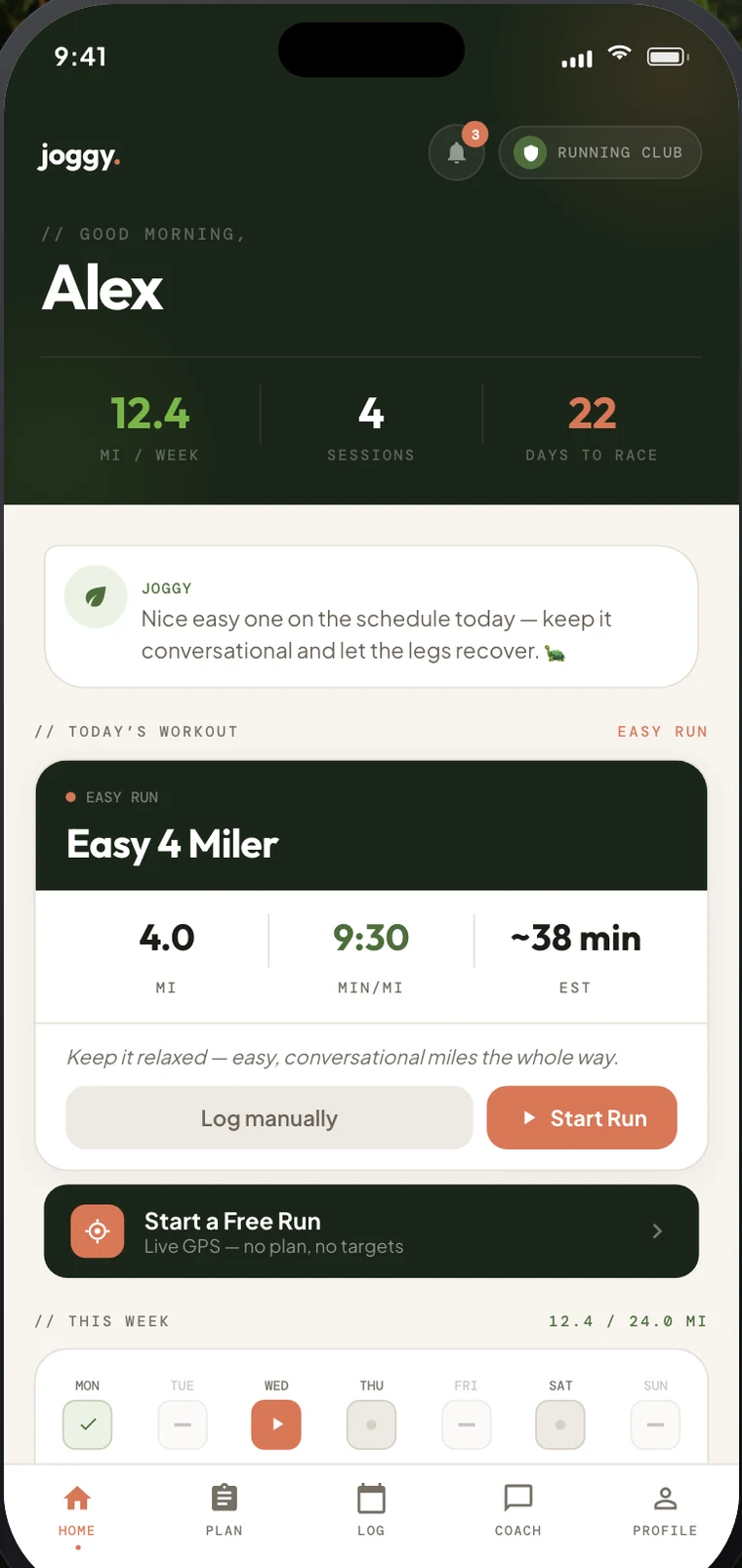 The joggy home screen: today's easy run, weekly mileage, and a note from joggy the turtle
