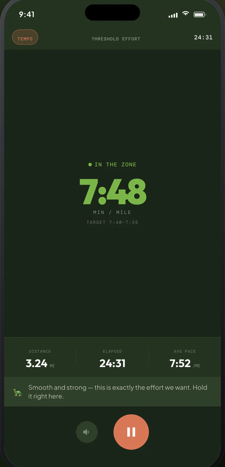 A live joggy tempo run: 7:48 per mile, in the zone, with a coaching note to hold the effort