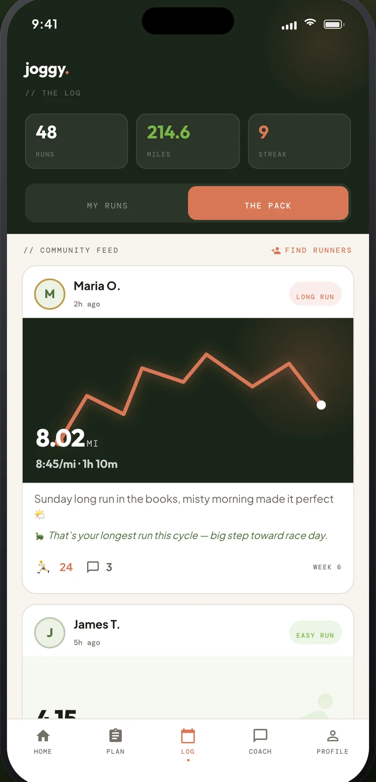 The Pack community feed in joggy: a shared long run with a route trace and encouragement from joggy