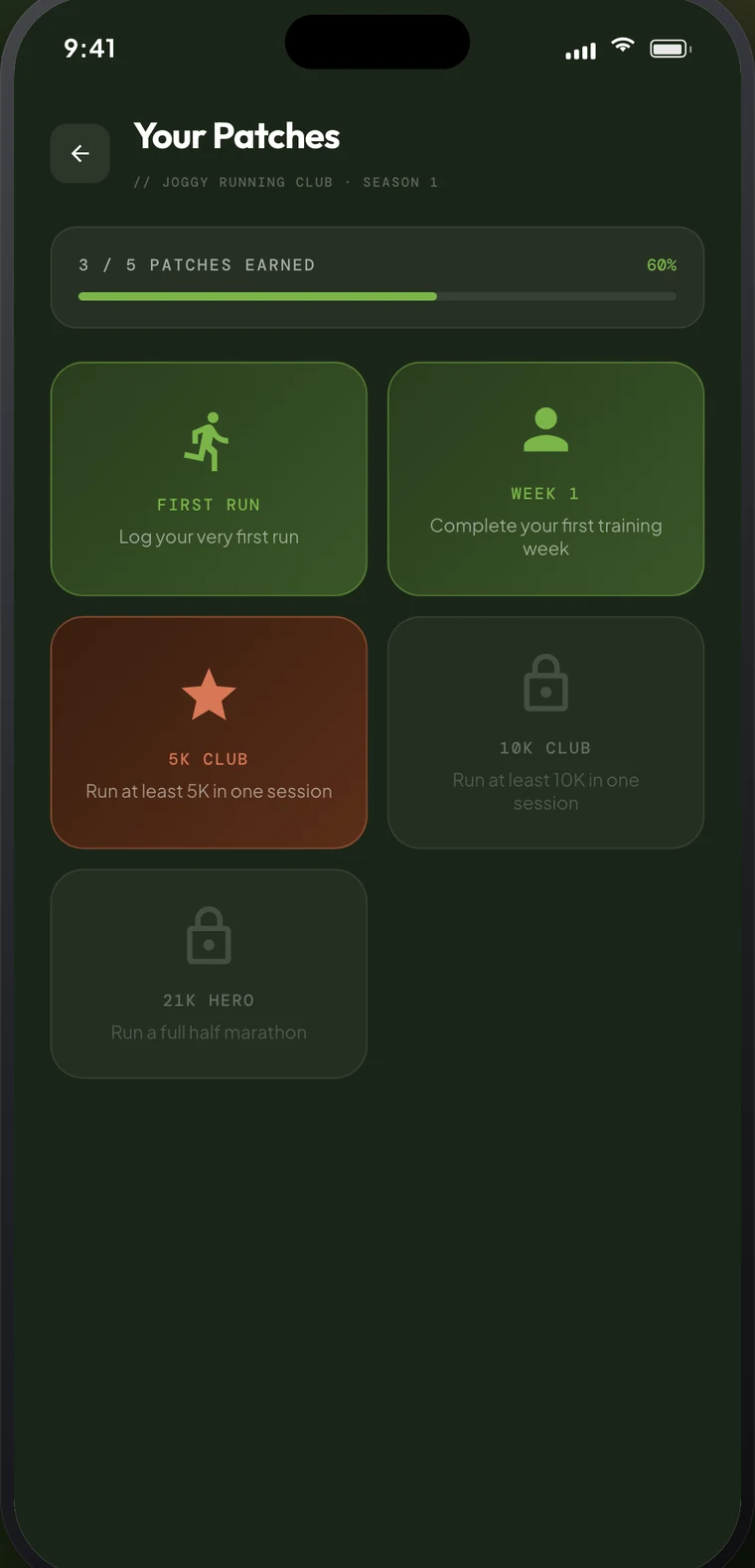 joggy patches: First Run and Week 1 earned, 5K Club unlocked, 10K Club still locked